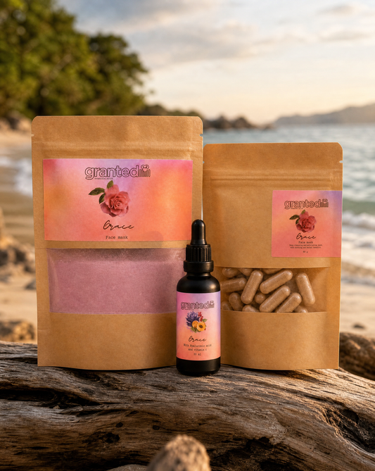 Three packages of 'granted' brand products on a wooden surface with a scenic background.