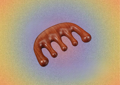 A wooden five-tooth guasha massage comb with a glossy finish, shown against a colorful gradient background with a soft blue center and yellow-orange edges.