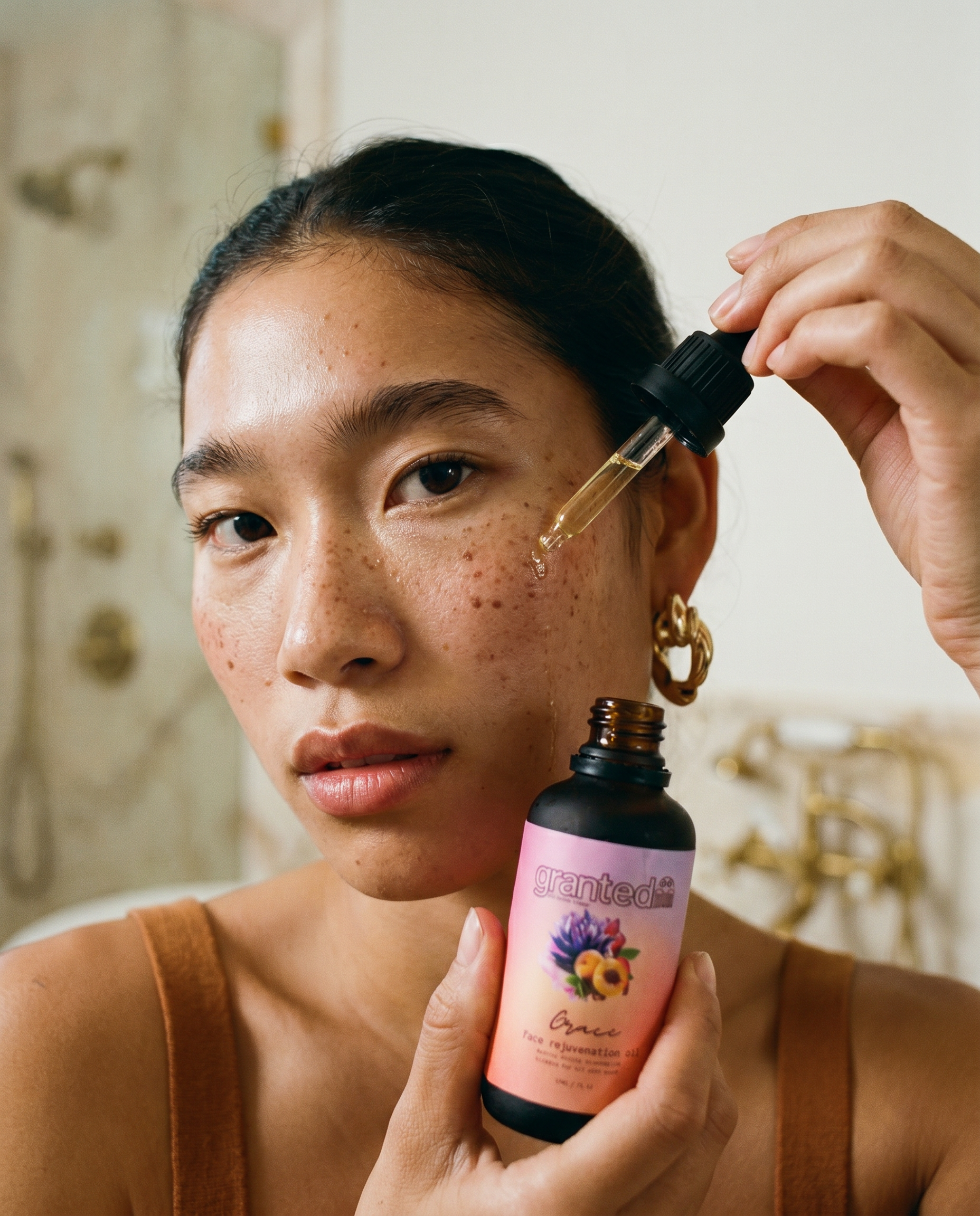 A woman applies a golden serum dropper from Centade to her cheek while holding the bottle, which features a pink label with a yellow flower illustration.