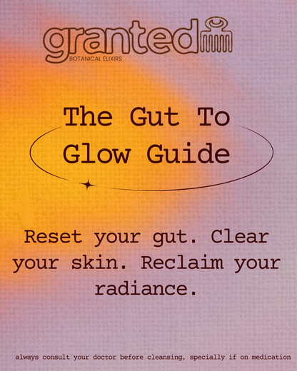 Promotional graphic for 'The Gut to Glow Guide' by Granted Botanical Elixirs with a gradient background.