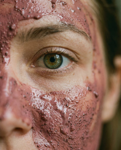 Close-up of a person's face with a red, textured mask applied to the skin.