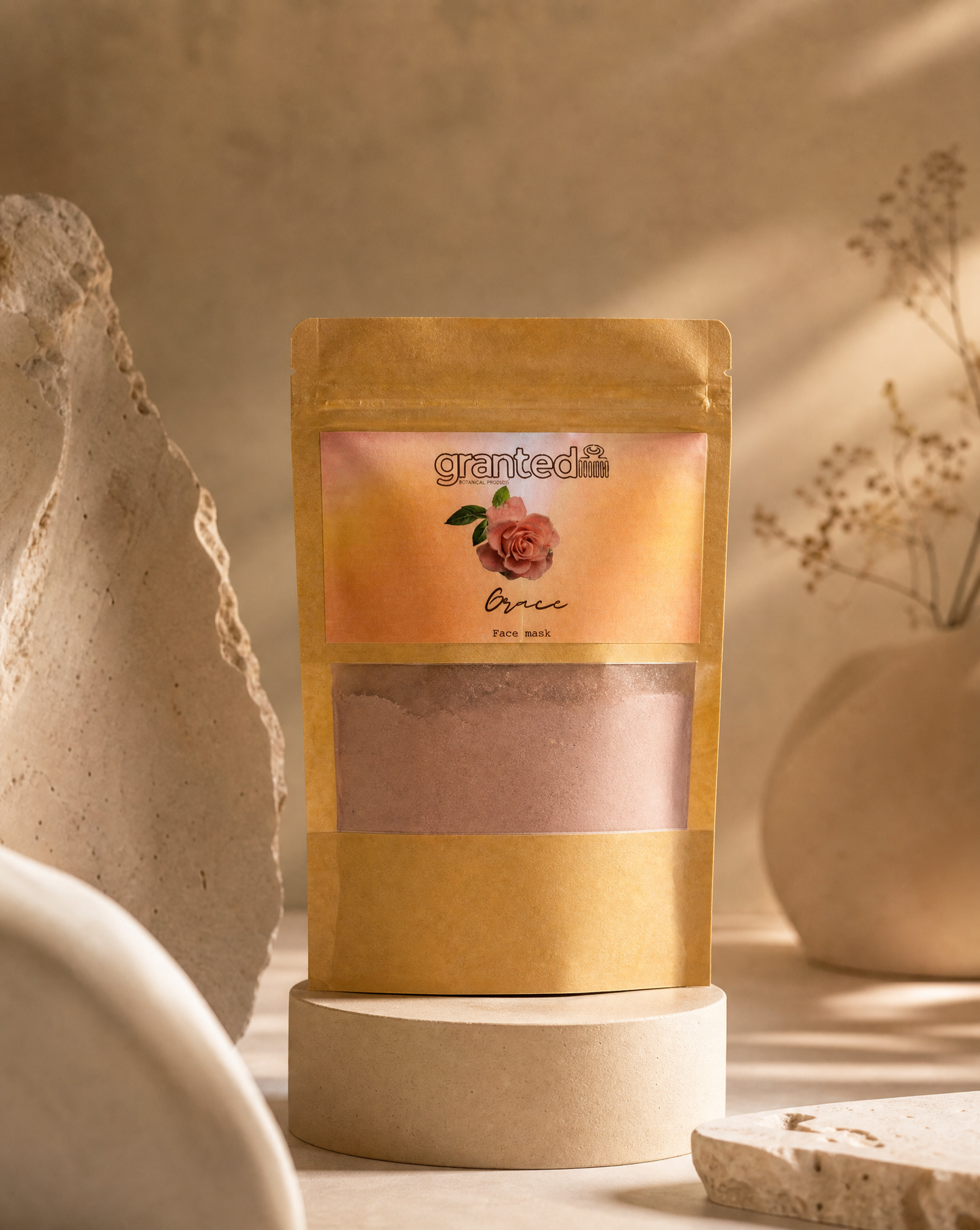 Packaged product on a stand with a neutral background