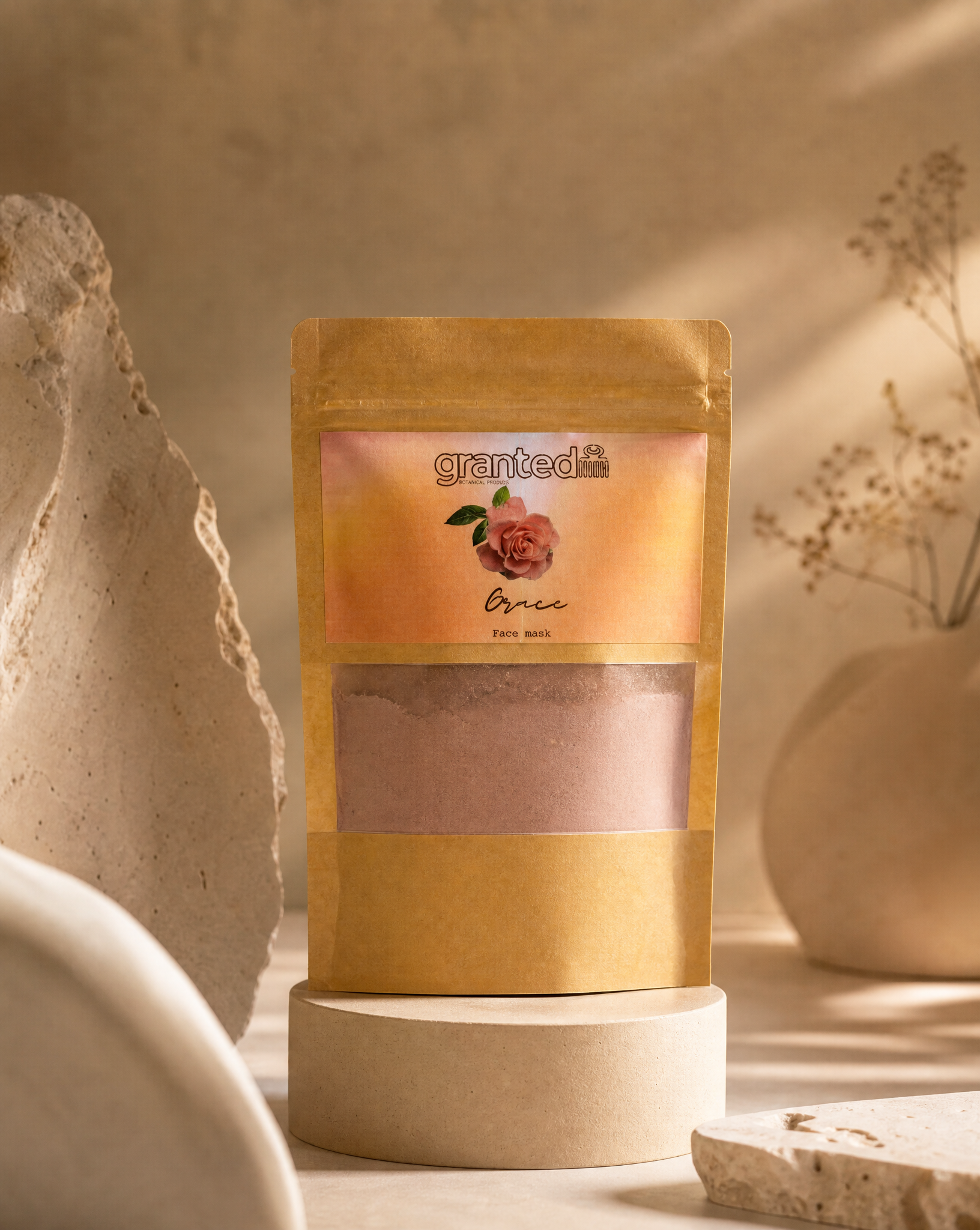 Packaged product on a stand with a neutral background