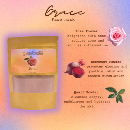 Grace face mask packaging with ingredients and benefits on a gradient background