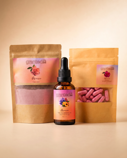 Three products from a brand named 'granted' on a beige background