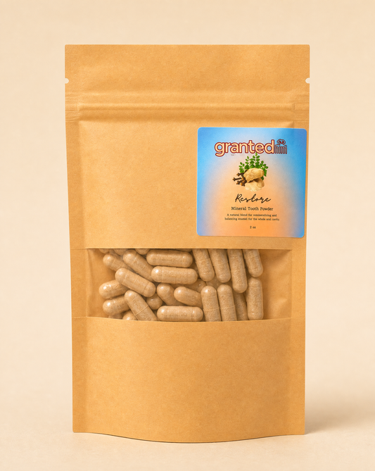 Kraft paper packaging with visible contents and a blue label on a beige background