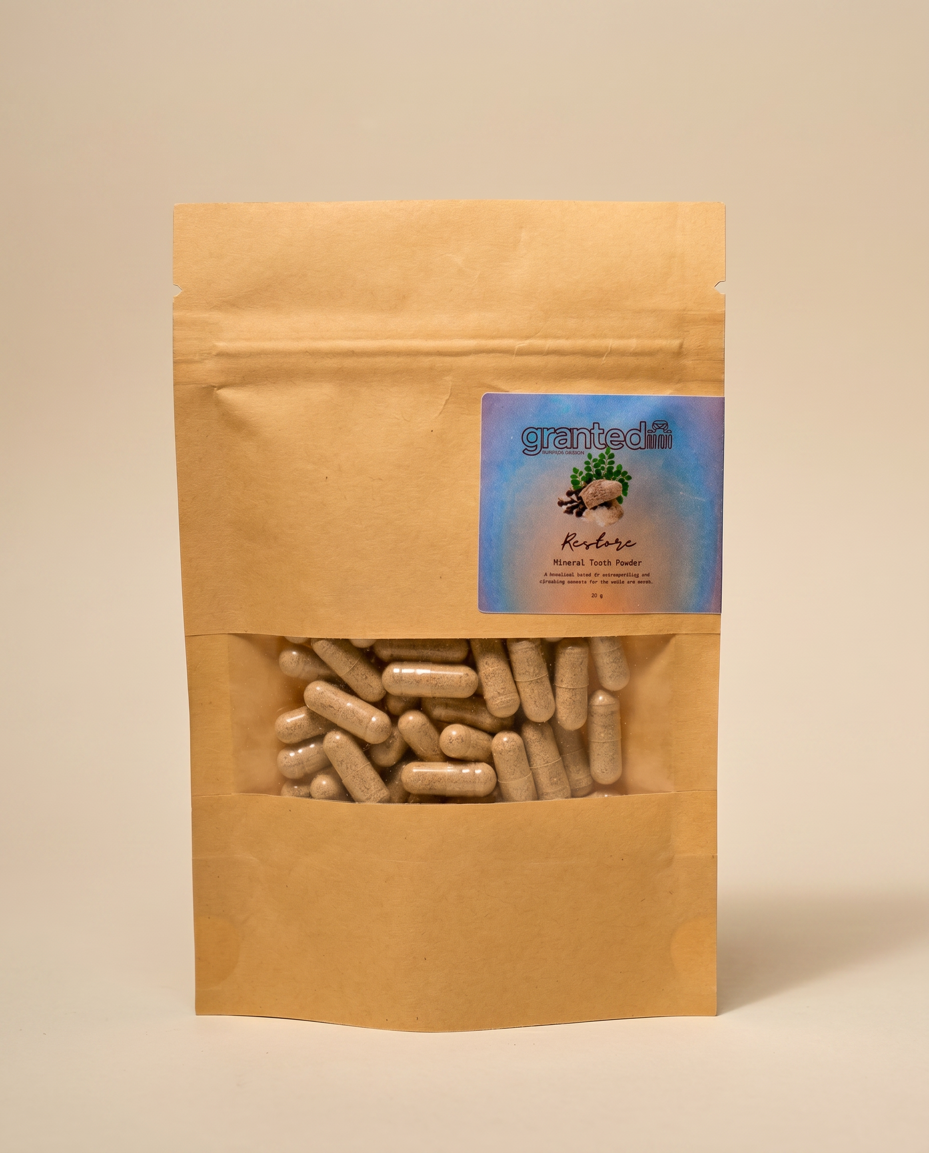 Kraft paper packaging with a blue label containing small cylindrical objects on a beige background