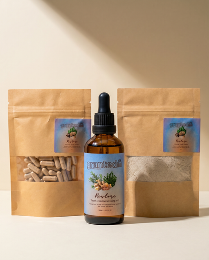 Bottle of 'granted' herbal supplement with two brown paper packages on a beige background